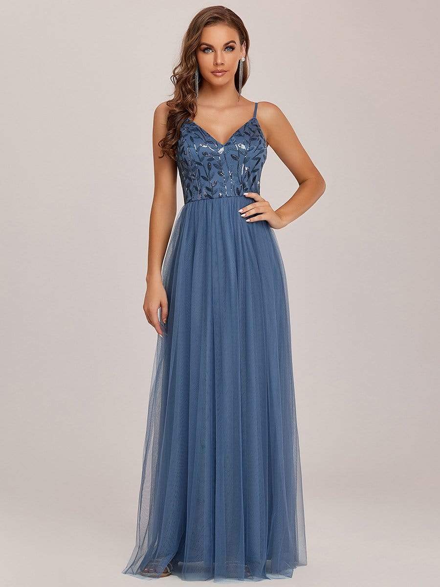 V Neck Spaghetti Strap Embroidered Floor Length Tulle Evening Dress #color_Dusty Blue