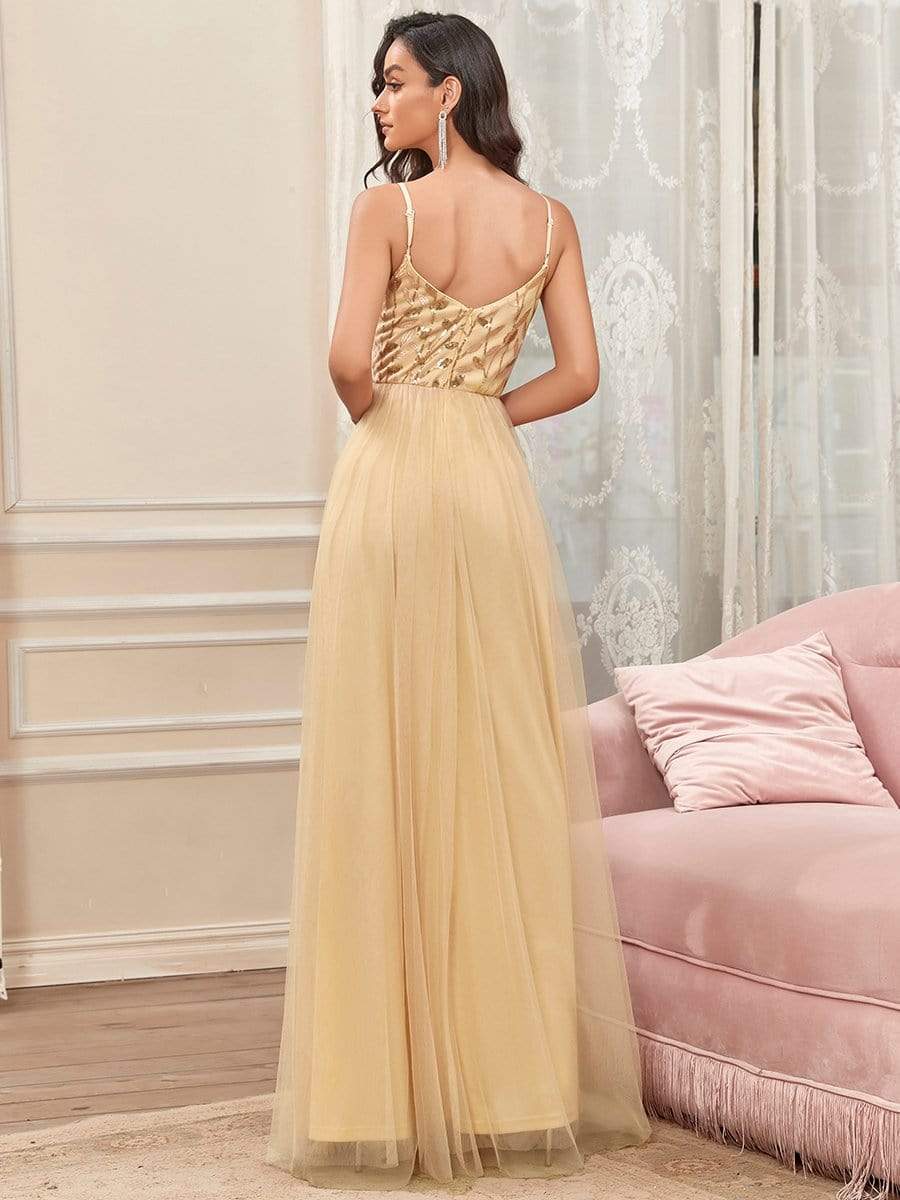 V Neck Spaghetti Strap Embroidered Maxi Tulle Wedding Guest Dress #color_Gold