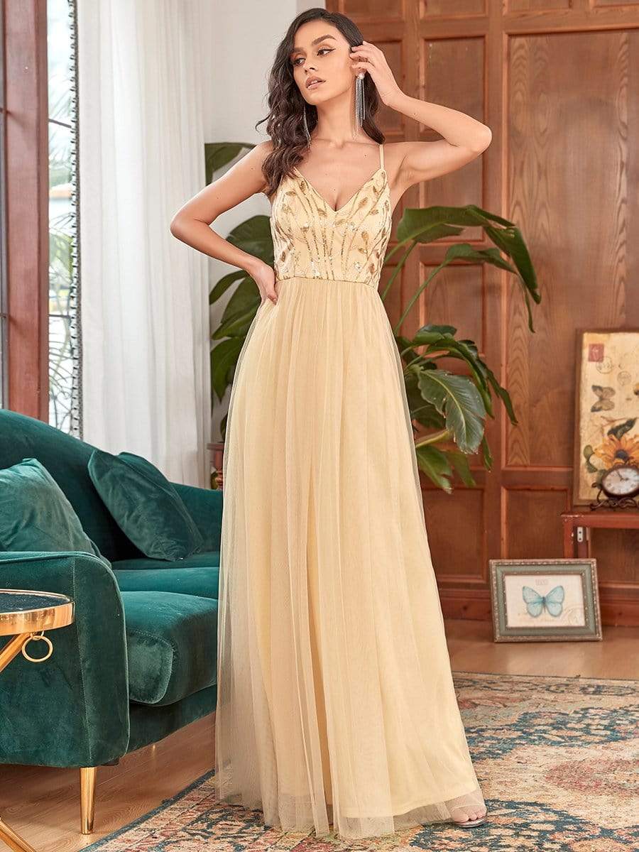 V Neck Spaghetti Strap Embroidered Maxi Tulle Wedding Guest Dress #color_Gold