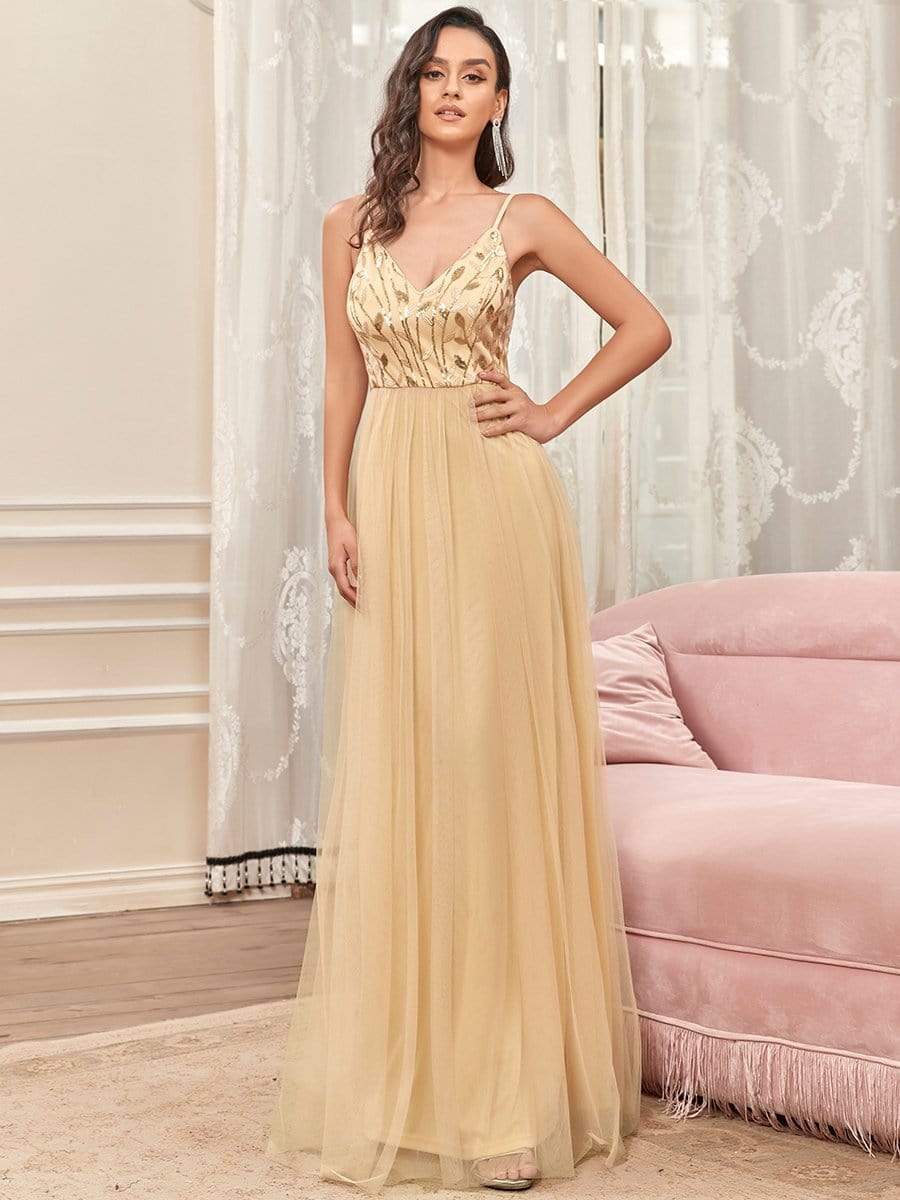 V Neck Spaghetti Strap Embroidered Maxi Tulle Wedding Guest Dress #color_Gold