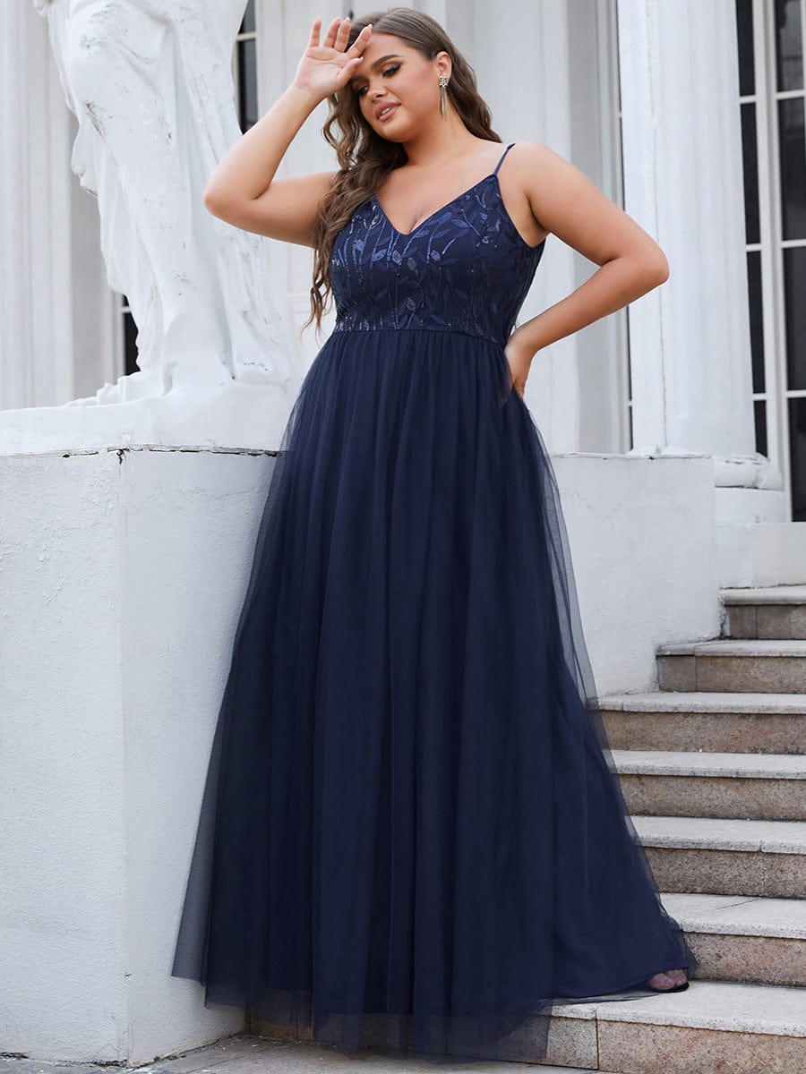 Custom Size V Neck Spaghetti Strap Embroidered Floor Length Tulle Evening Dress #color_Navy Blue