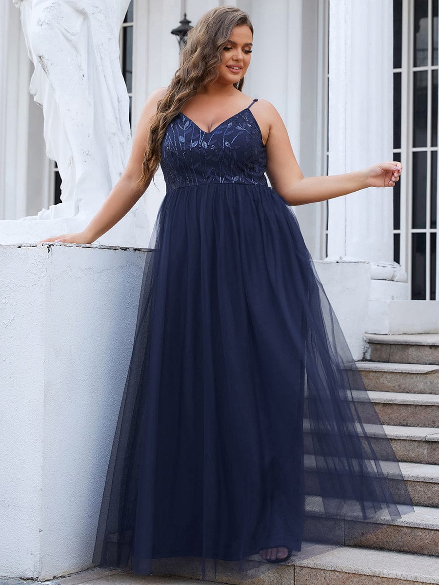 Plus Size V Neck Floral Sequined Spaghetti Straps Maxi Evening Dress #color_Navy Blue