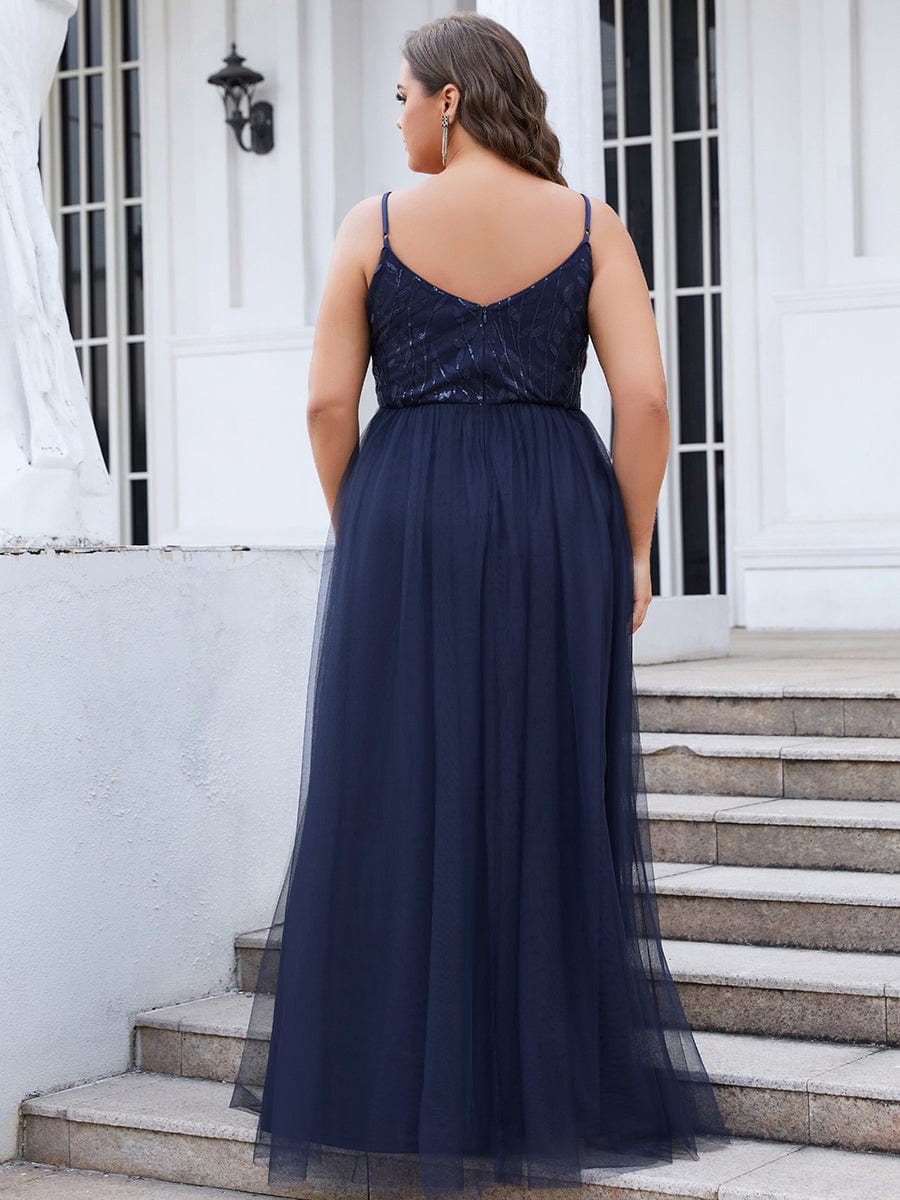 Custom Size V Neck Spaghetti Strap Embroidered Floor Length Tulle Evening Dress #color_Navy Blue