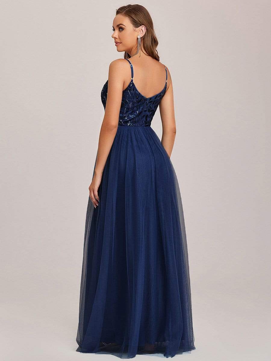 V Neck Spaghetti Strap Embroidered Floor Length Tulle Evening Dress #color_Navy Blue