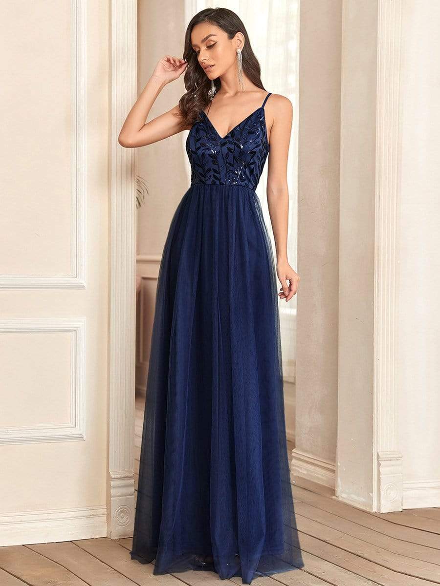 Custom Size V Neck Spaghetti Strap Embroidered Floor Length Tulle Evening Dress #color_Navy Blue