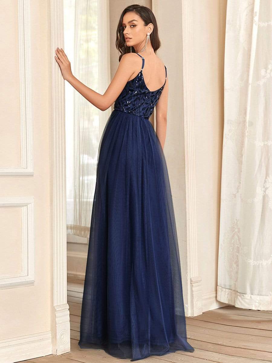 V Neck Spaghetti Strap Embroidered Floor Length Tulle Evening Dress #color_Navy Blue