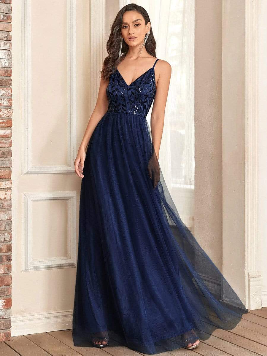 V Neck Spaghetti Strap Embroidered Maxi Tulle Wedding Guest Dress #color_Navy Blue