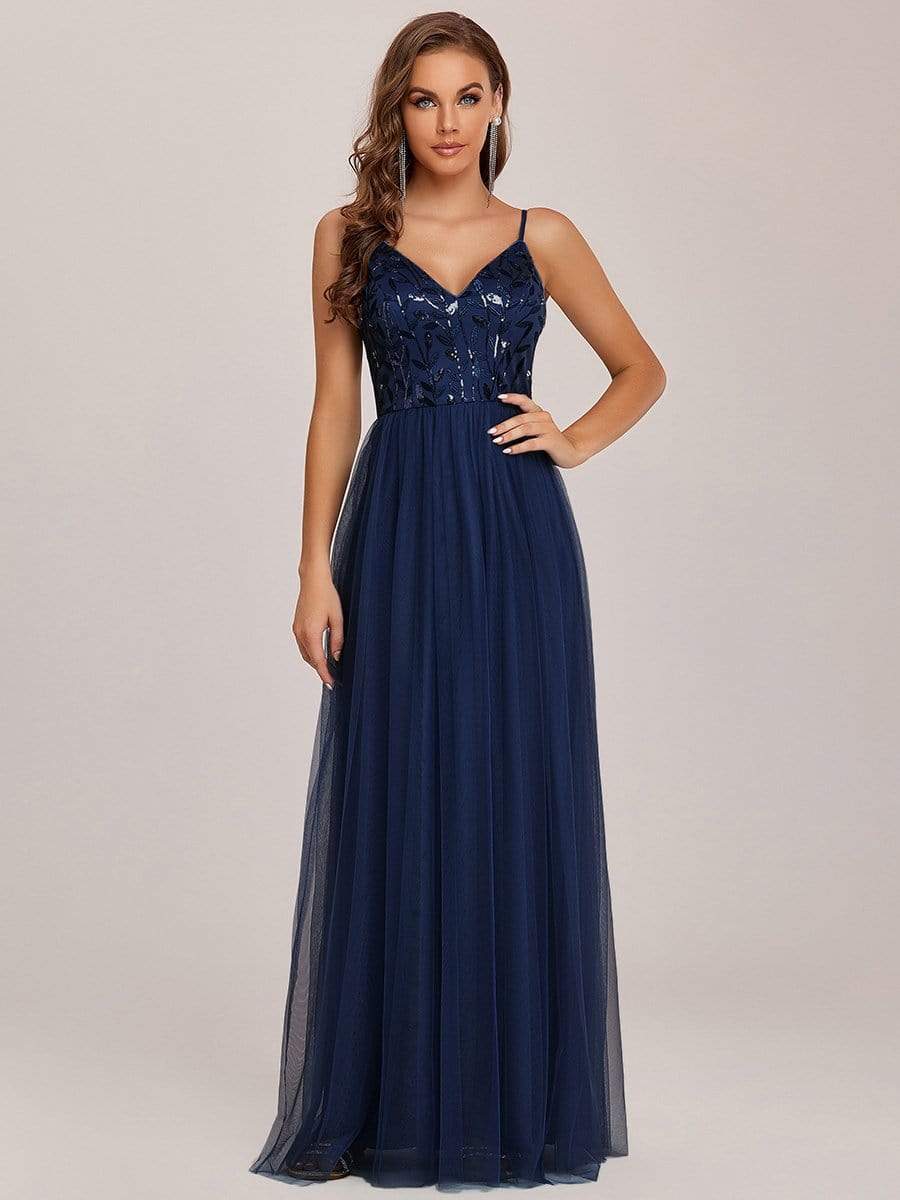 V Neck Spaghetti Strap Embroidered Floor Length Tulle Evening Dress #color_Navy Blue