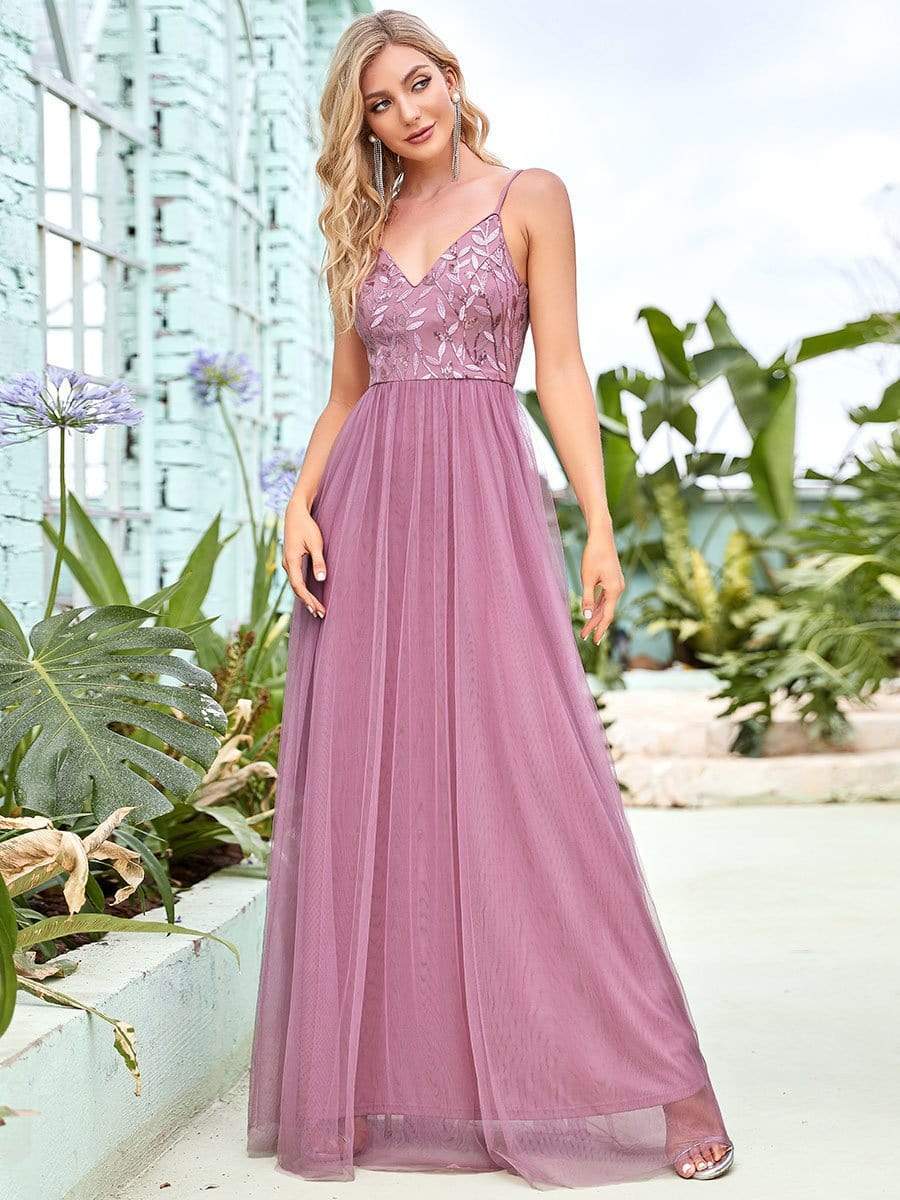 Custom Size V Neck Spaghetti Strap Embroidered Floor Length Tulle Evening Dress #color_Purple Orchid