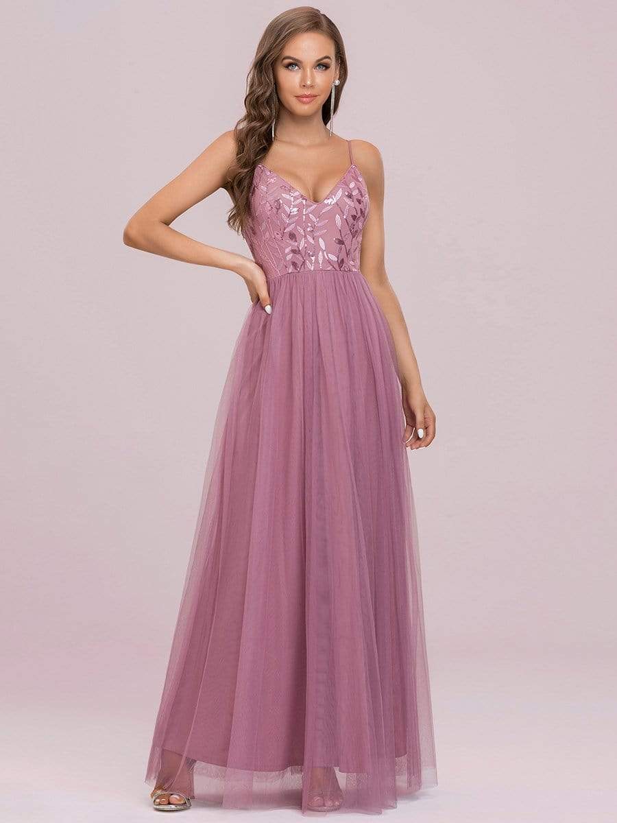 V Neck Spaghetti Strap Embroidered Floor Length Tulle Evening Dress #color_Purple Orchid