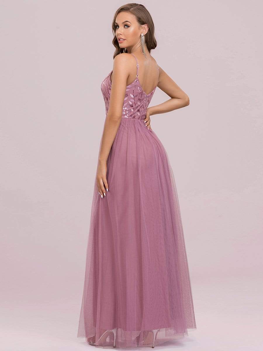 V Neck Spaghetti Strap Embroidered Floor Length Tulle Evening Dress #color_Purple Orchid