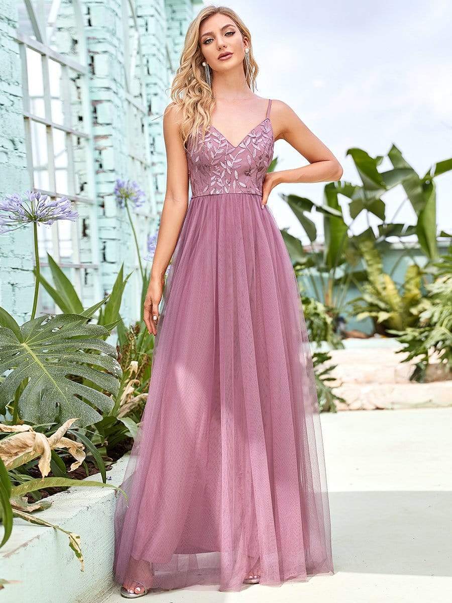 Custom Size V Neck Spaghetti Strap Embroidered Floor Length Tulle Evening Dress #color_Purple Orchid