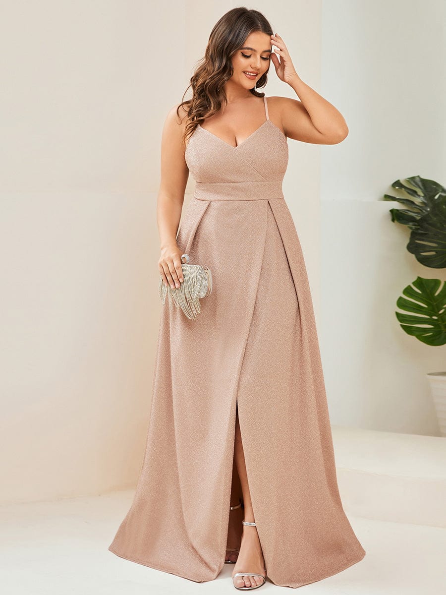 Plus Size Vintage V-neck Spaghetti Straps Glitter Maxi Evening Dress #color_Blush