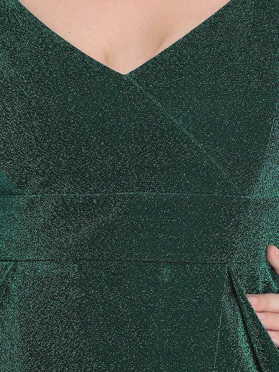 Plus Size Vintage V-neck Spaghetti Straps Glitter Maxi Evening Dress #color_Dark Green