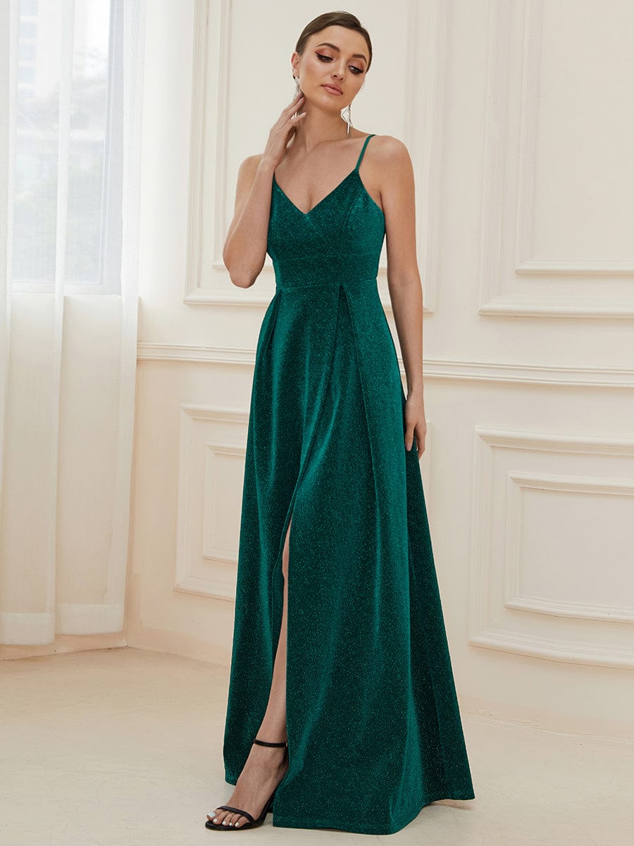 Vintage V-neck Spaghetti Straps Glitter Maxi Evening Dress #color_Dark Green