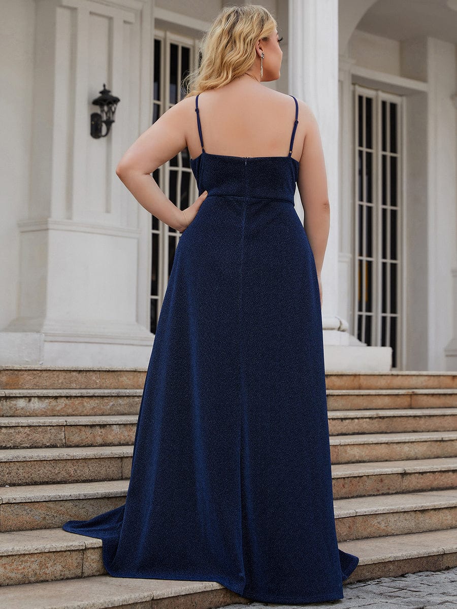 Plus Size Vintage V-neck Spaghetti Straps Glitter Maxi Evening Dress #color_Navy Blue