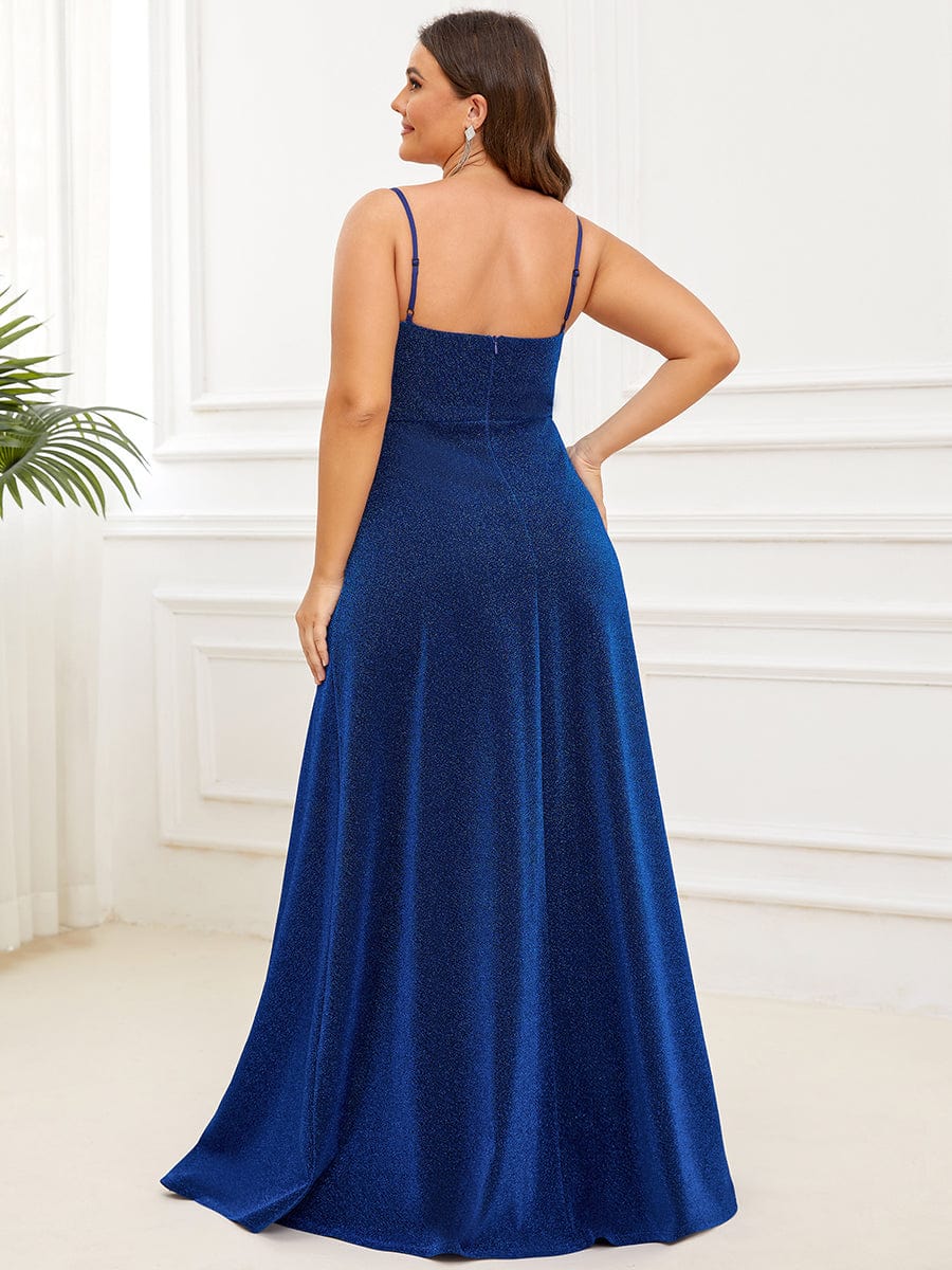 Plus Size Vintage V-neck Spaghetti Straps Glitter Maxi Evening Dress #color_Sapphire Blue