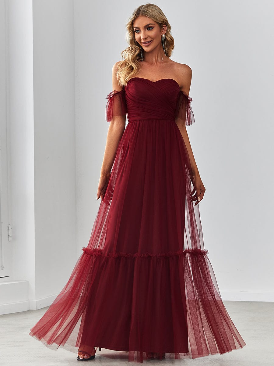 Custom Size Off the Shoulder Sweetheart Pleated Tulle Evening Dress #color_Burgundy