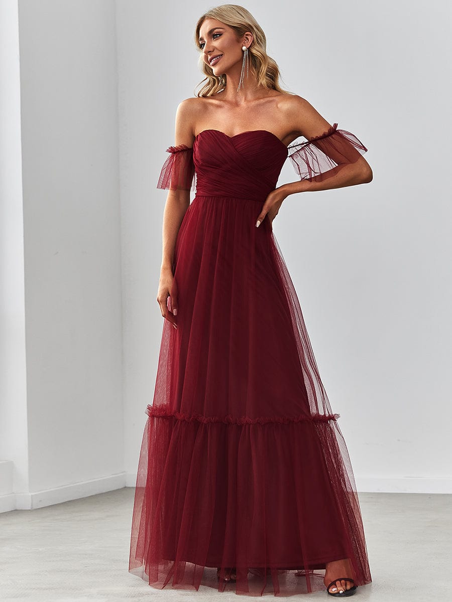 Custom Size Off the Shoulder Sweetheart Pleated Tulle Evening Dress #color_Burgundy