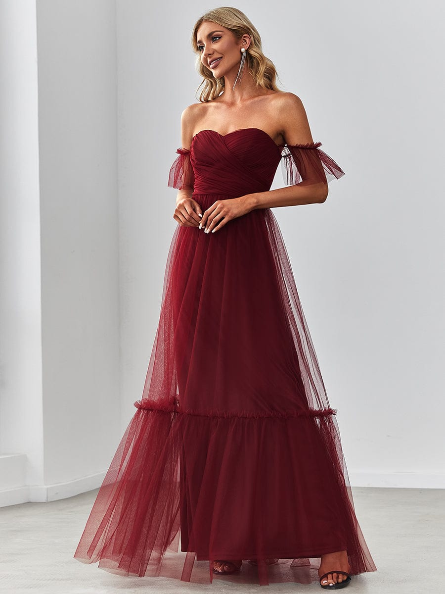 Off the Shoulder Sweetheart Pleated Tulle Evening Dress #color_Burgundy
