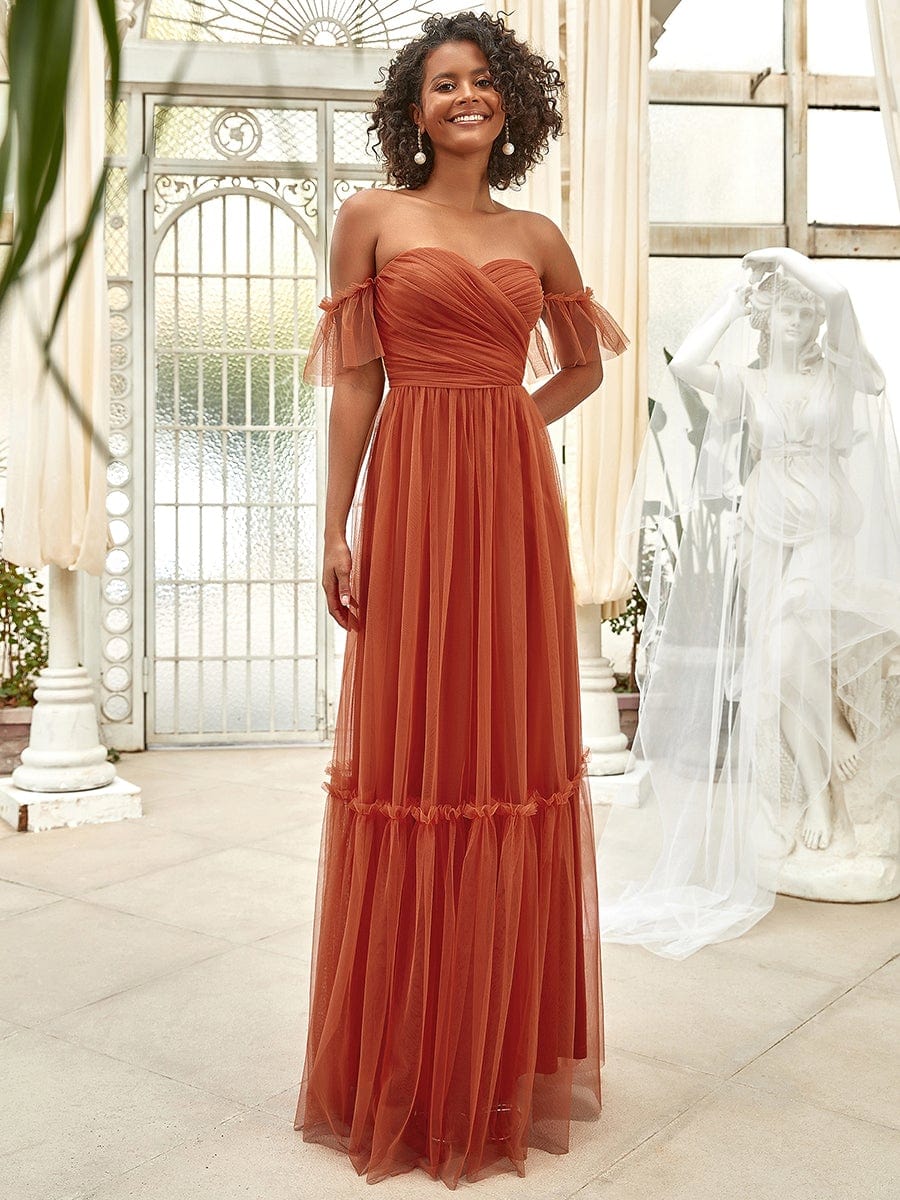 Custom Size Custom Size Off the Shoulder Sweetheart Pleated Tulle Evening Dress #color_Burnt Orange