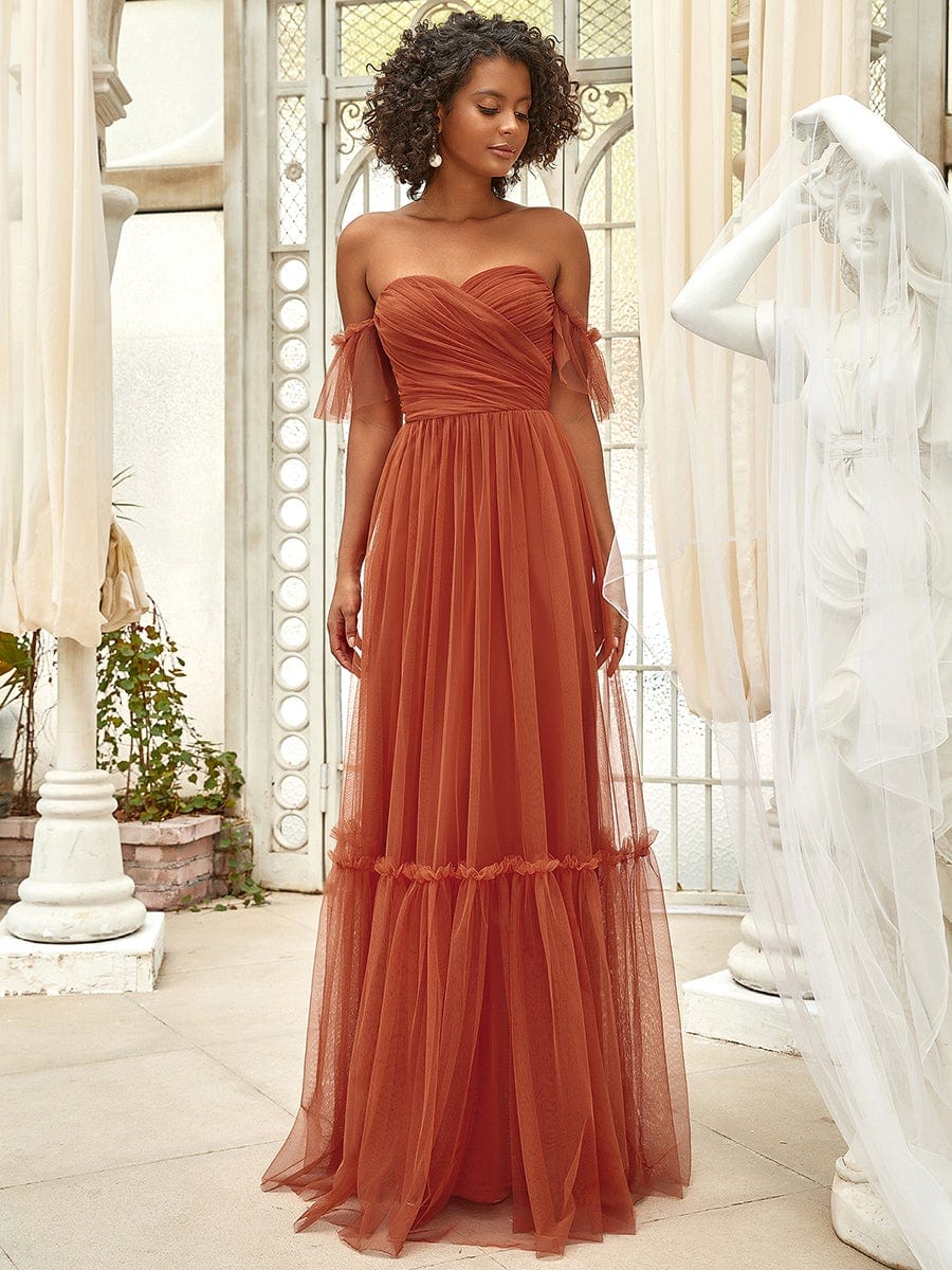 Off the Shoulder Sweetheart Pleated Tulle Evening Dress #color_Burnt Orange