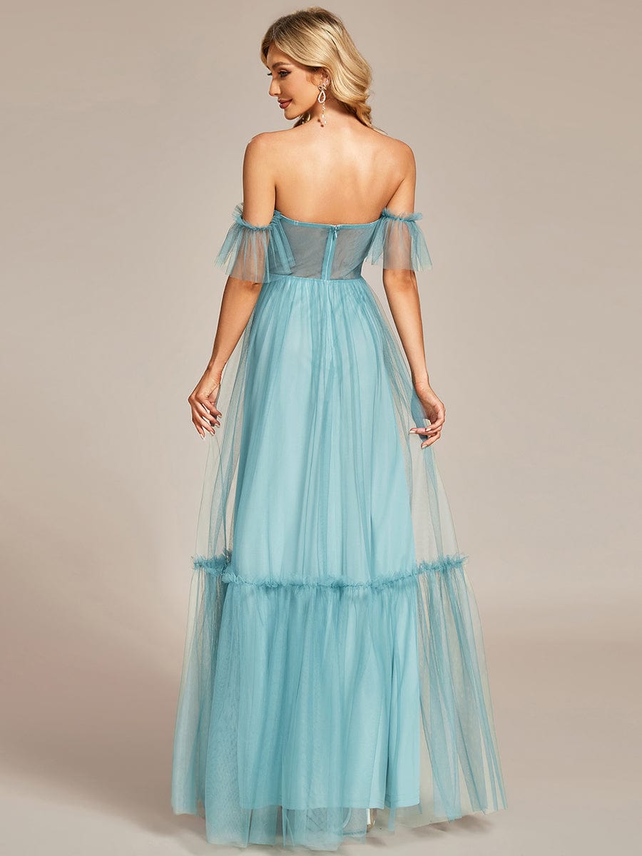 Off the Shoulder Sweetheart Pleated Tulle Evening Dress #color_Dusty Blue