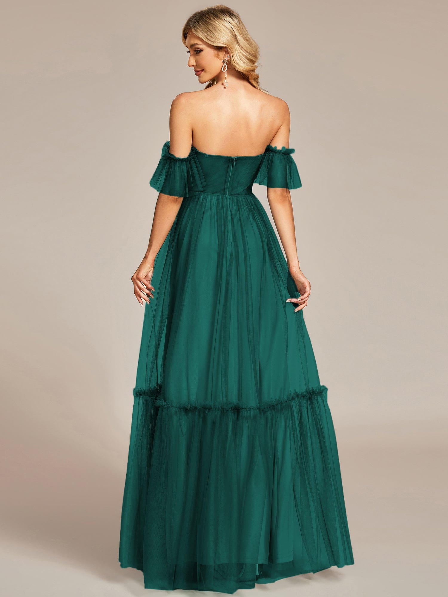 Custom Size Off the Shoulder Sweetheart Pleated Tulle Evening Dress #color_Dark Green