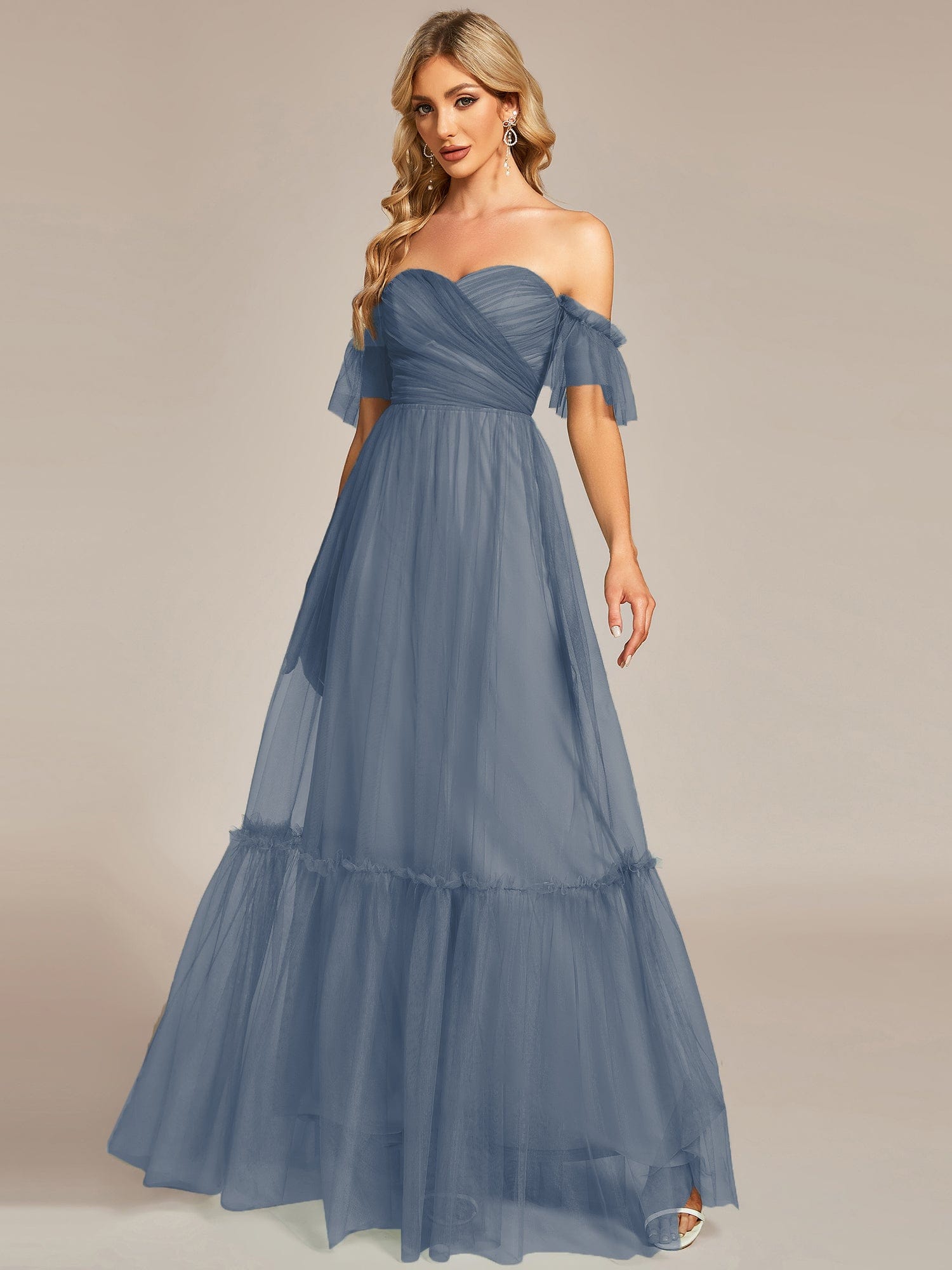 Custom Size Off the Shoulder Sweetheart Pleated Tulle Evening Dress #color_Dusty Navy