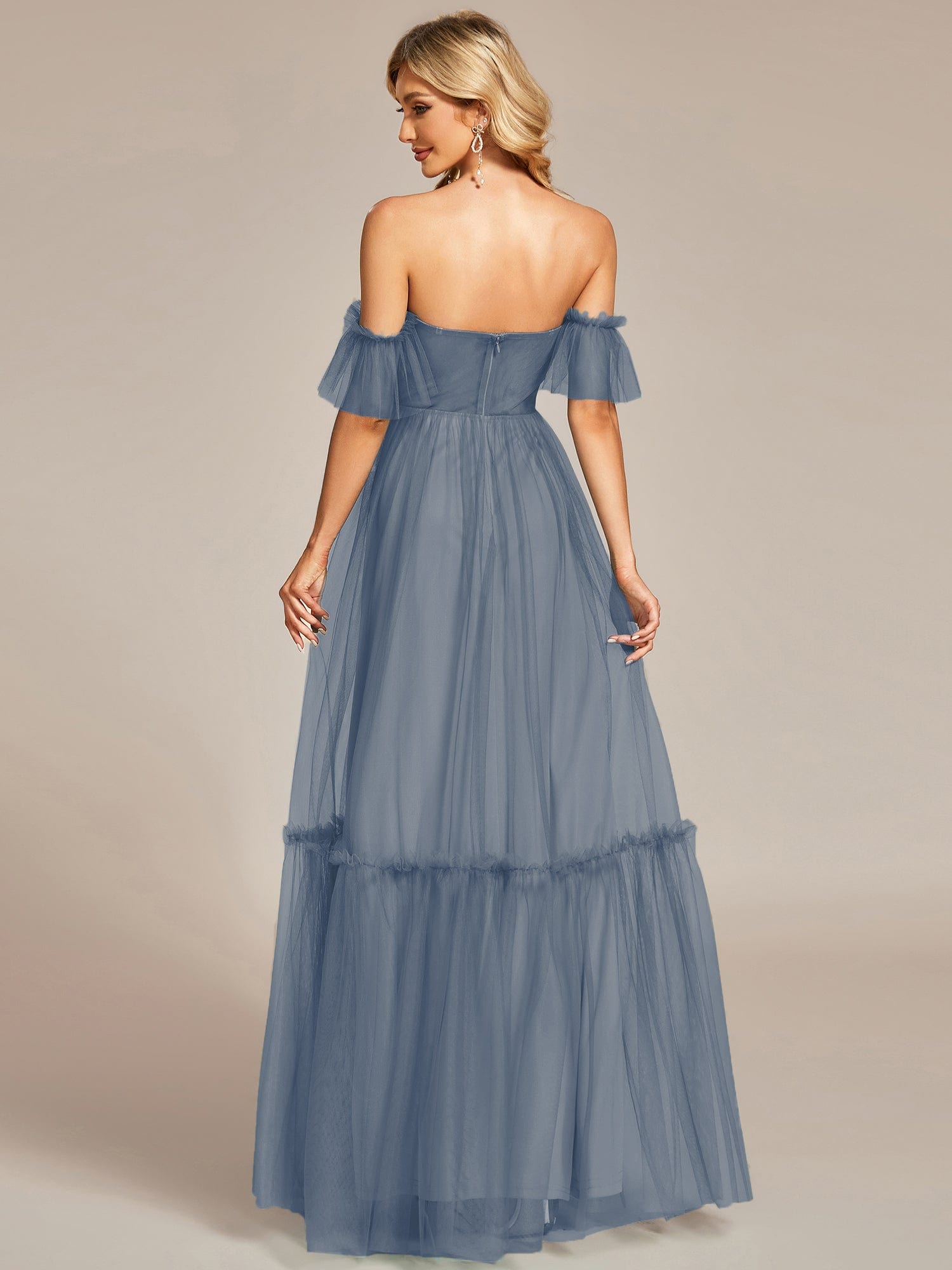 Custom Size Off the Shoulder Sweetheart Pleated Tulle Evening Dress #color_Dusty Navy