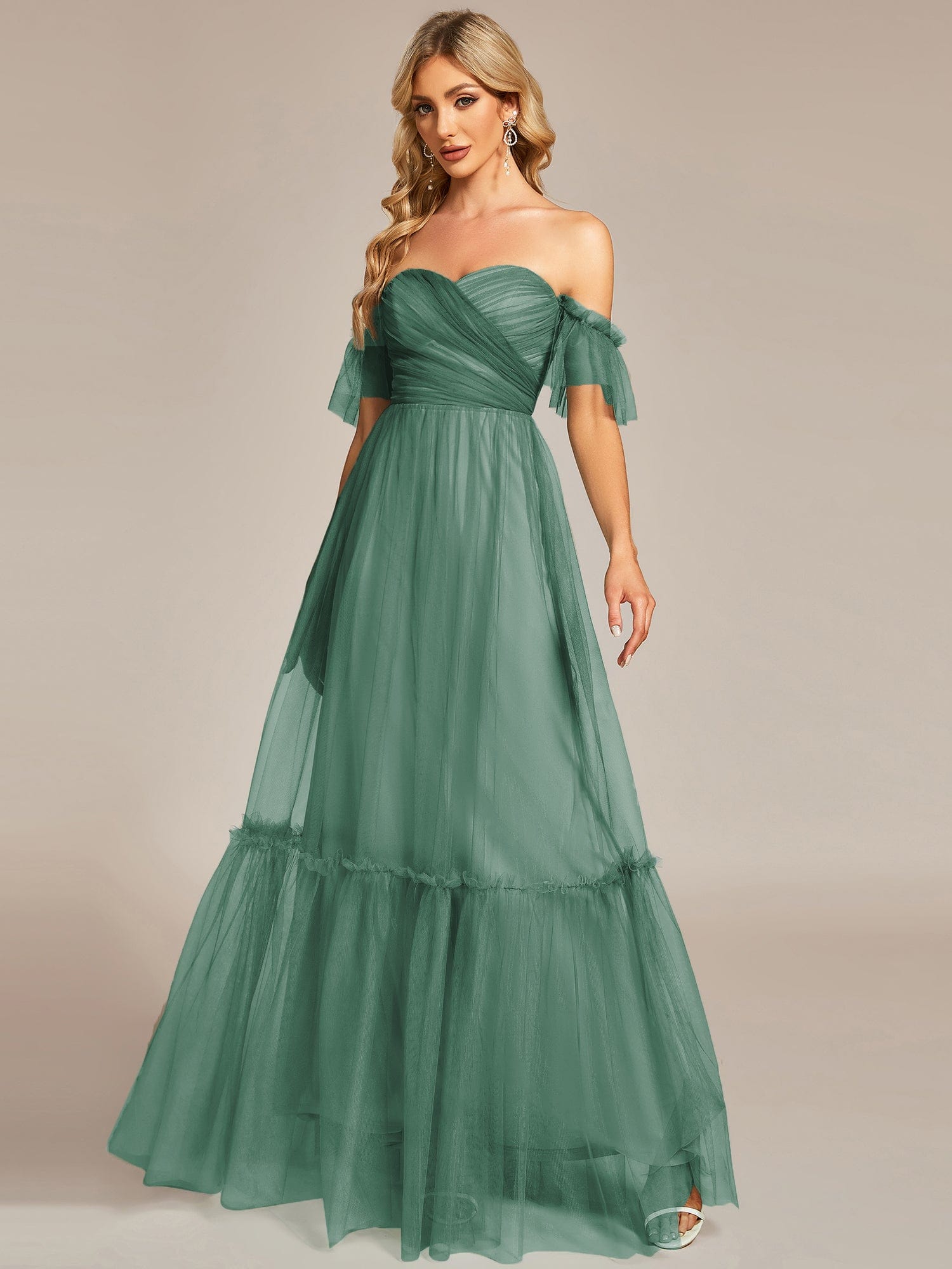 Custom Size Off the Shoulder Sweetheart Pleated Tulle Evening Dress #color_Green Bean