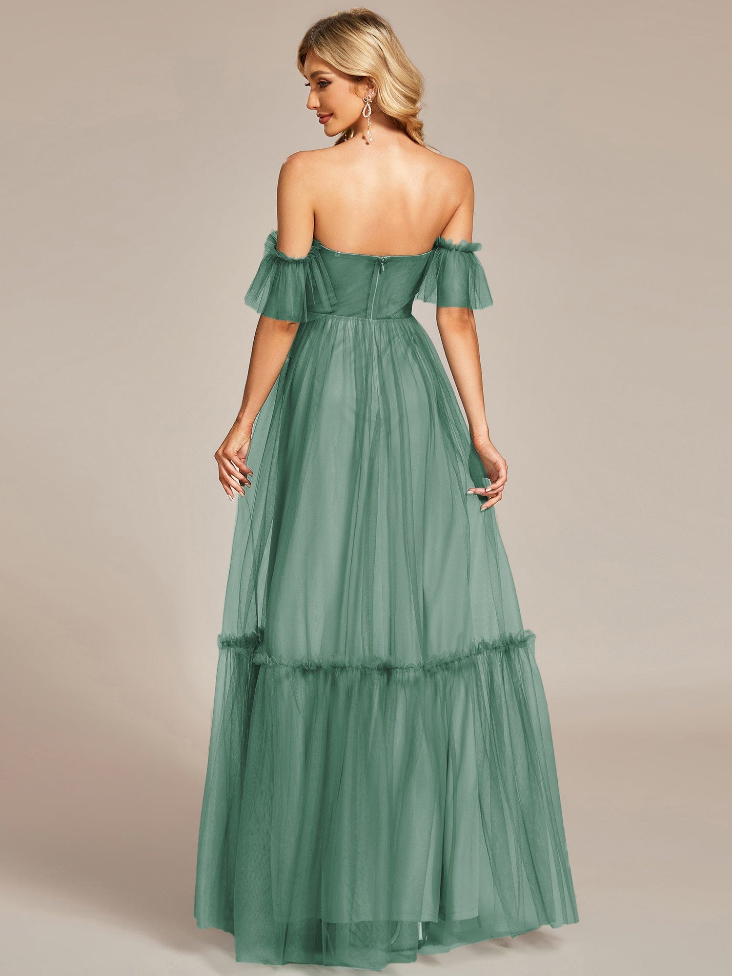 Custom Size Off the Shoulder Sweetheart Pleated Tulle Evening Dress #color_Green Bean