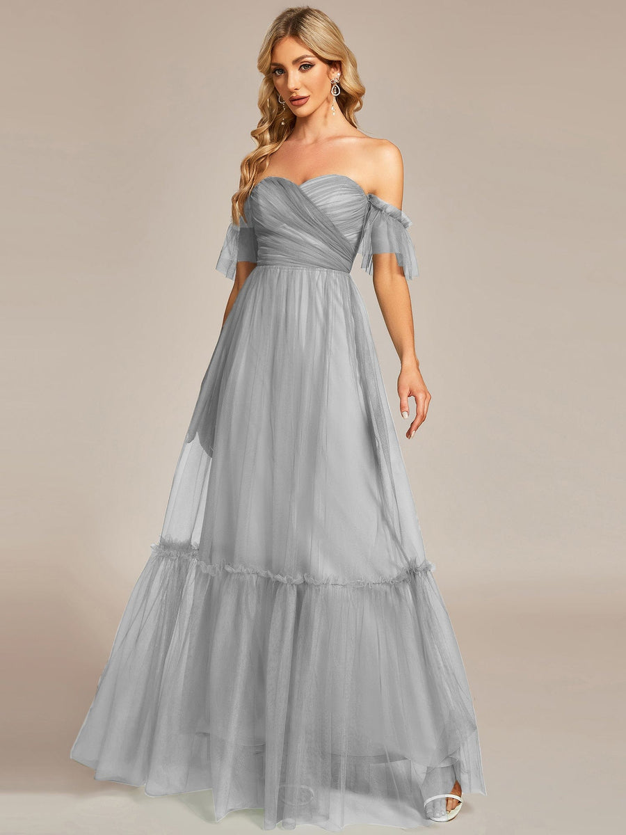 Custom Size Off the Shoulder Sweetheart Pleated Tulle Evening Dress #color_Grey