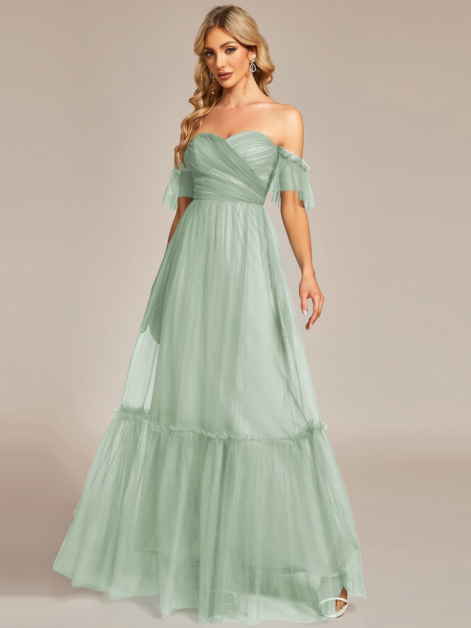 Custom Size Off the Shoulder Sweetheart Pleated Tulle Evening Dress #color_Mint Green