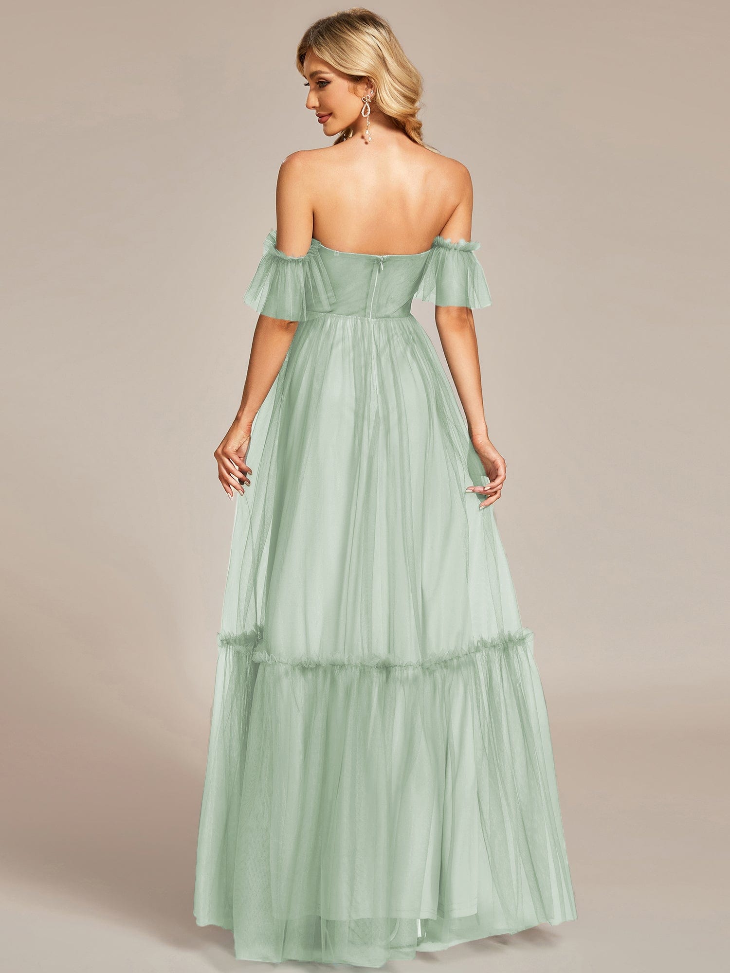 Custom Size Off the Shoulder Sweetheart Pleated Tulle Evening Dress #color_Mint Green