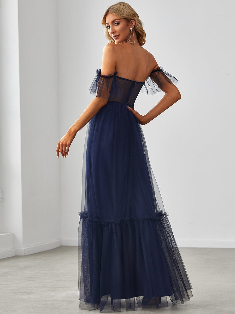 Off the Shoulder Sweetheart Pleated Tulle Evening Dress #color_Navy Blue