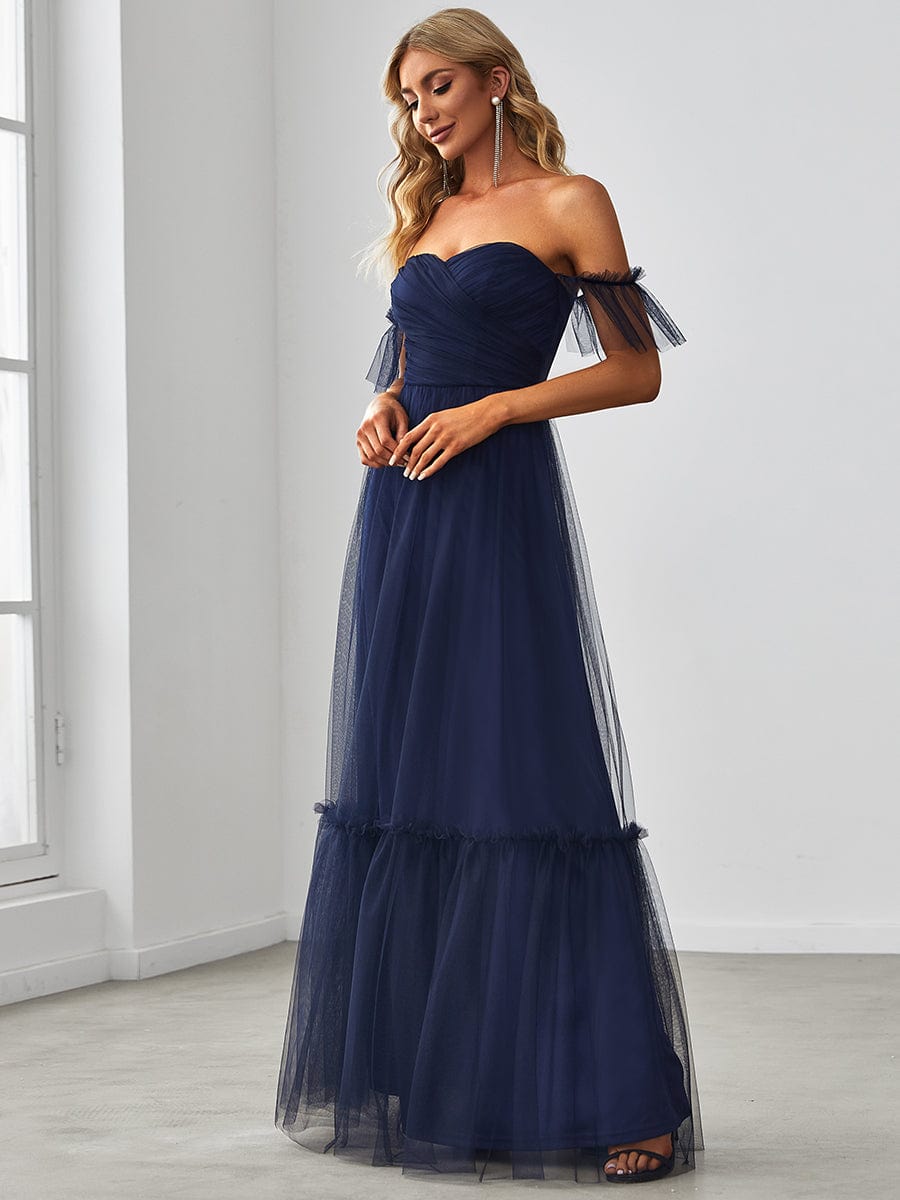 Custom Size Off the Shoulder Sweetheart Pleated Tulle Evening Dress #color_Navy Blue
