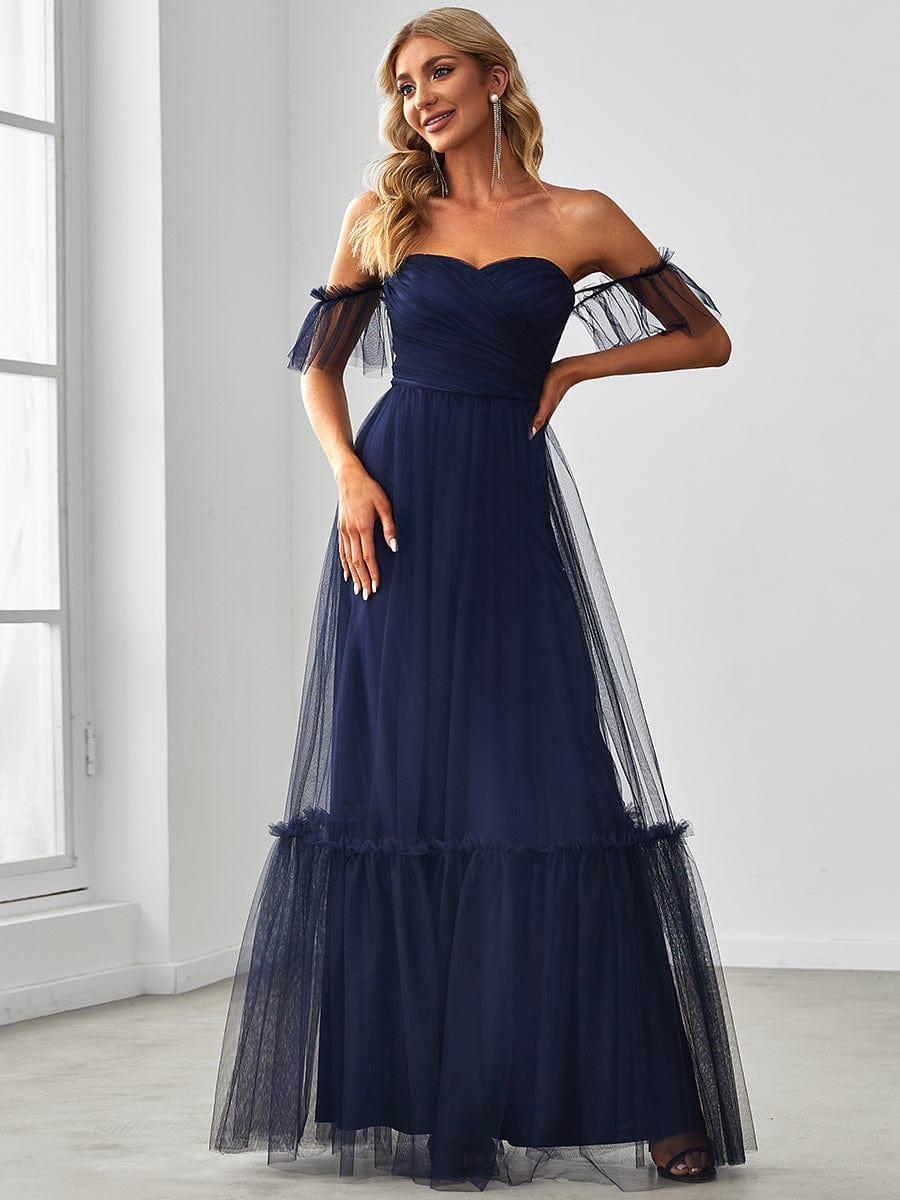 Custom Size Off the Shoulder Sweetheart Pleated Tulle Evening Dress #color_Navy Blue