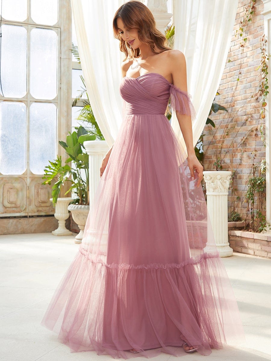 Off the Shoulder Sweetheart Pleated Tulle Evening Dress #color_Purple Orchid
