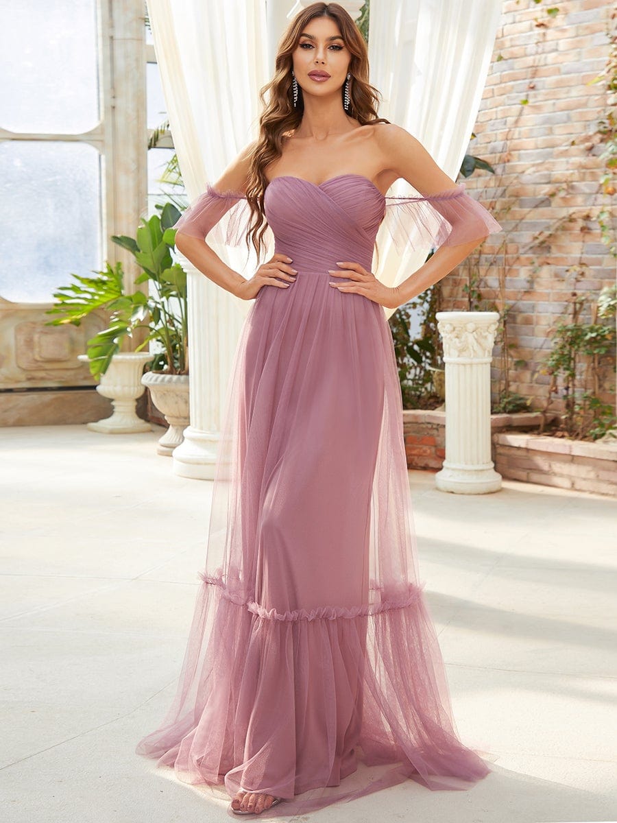 Off the Shoulder Sweetheart Pleated Tulle Evening Dress #color_Purple Orchid