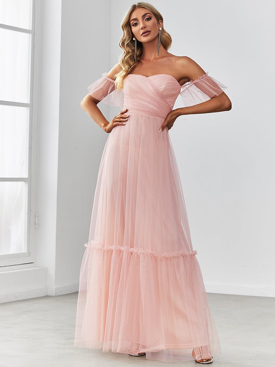 Off the Shoulder Sweetheart Pleated Tulle Evening Dress #color_Pink