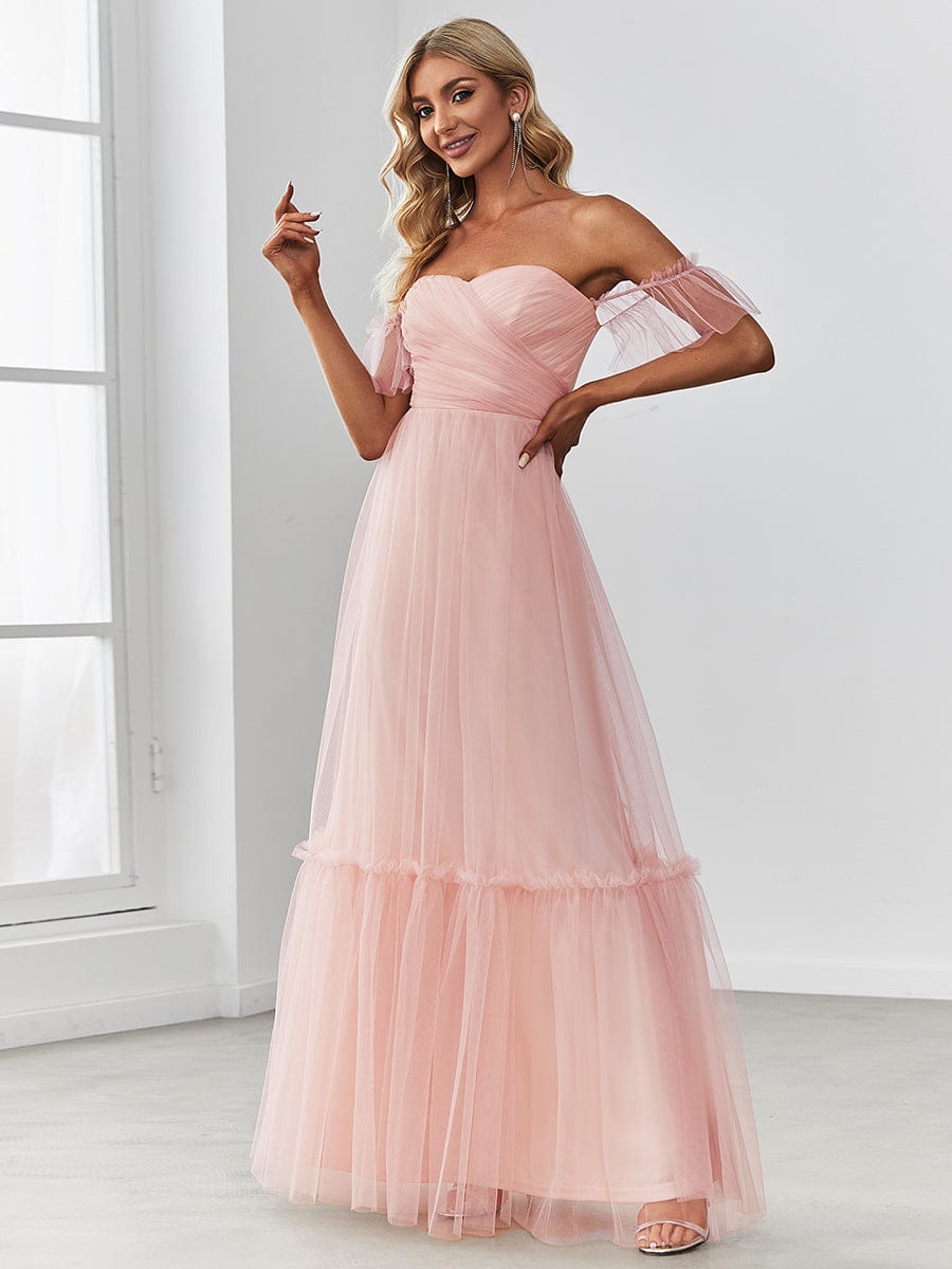Custom Size Off the Shoulder Sweetheart Pleated Tulle Evening Dress #color_Pink