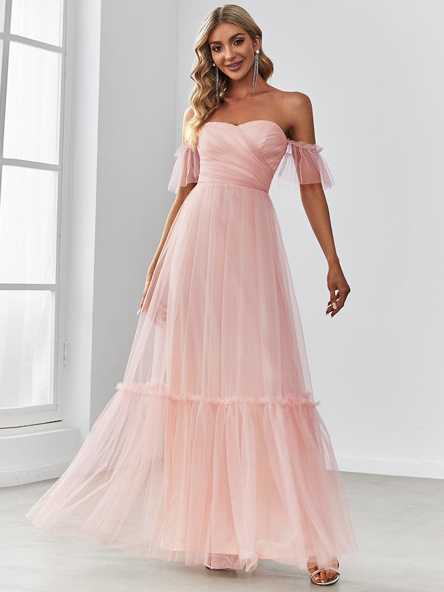 Custom Size Off the Shoulder Sweetheart Pleated Tulle Evening Dress #color_Pink