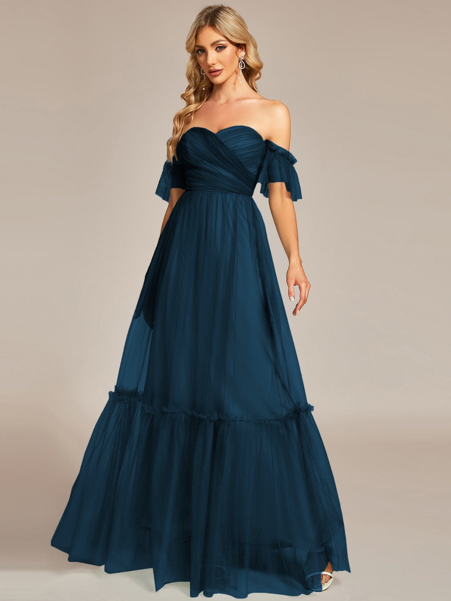 Custom Size Off the Shoulder Sweetheart Pleated Tulle Evening Dress #color_Teal