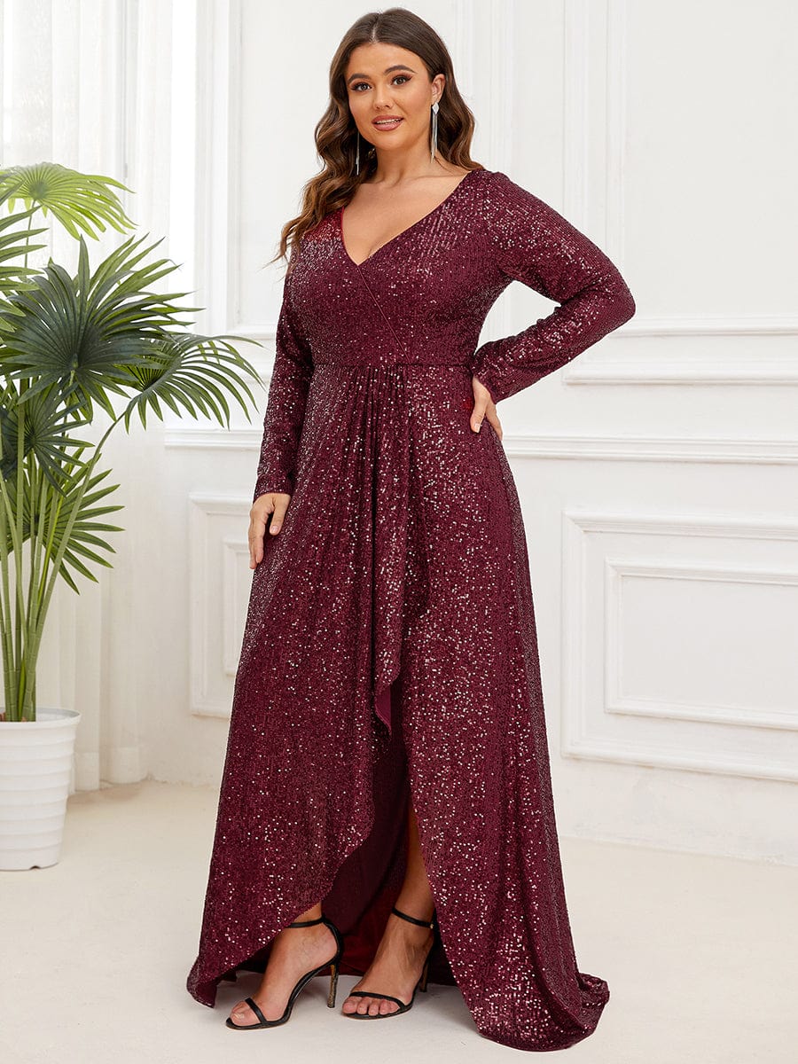 Custom Size Sequin V-neck long Sleeve Evening Dress #color_Burgundy