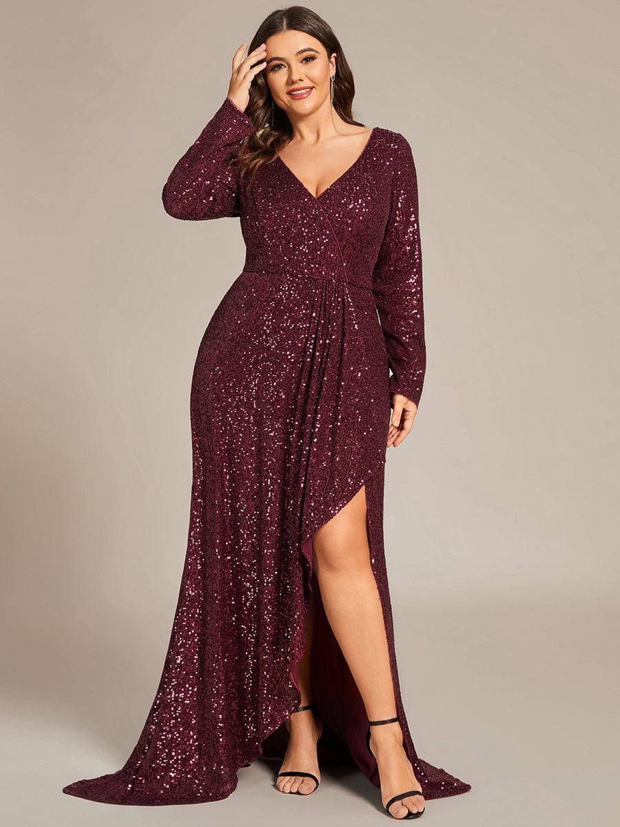 Long Sleeve V-neck Asymmetrical Hem Sequin Evening Dress #color_Burgundy