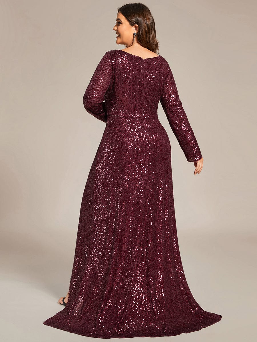 Long Sleeve V-neck Asymmetrical Hem Sequin Evening Dress #color_Burgundy