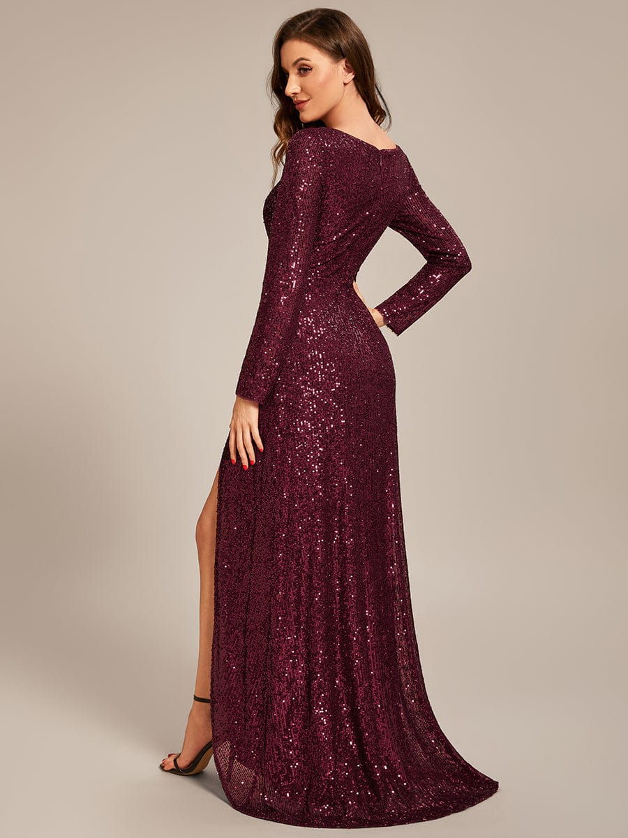 Long Sleeve V-neck Asymmetrical Hem Sequin Evening Dress #color_Burgundy