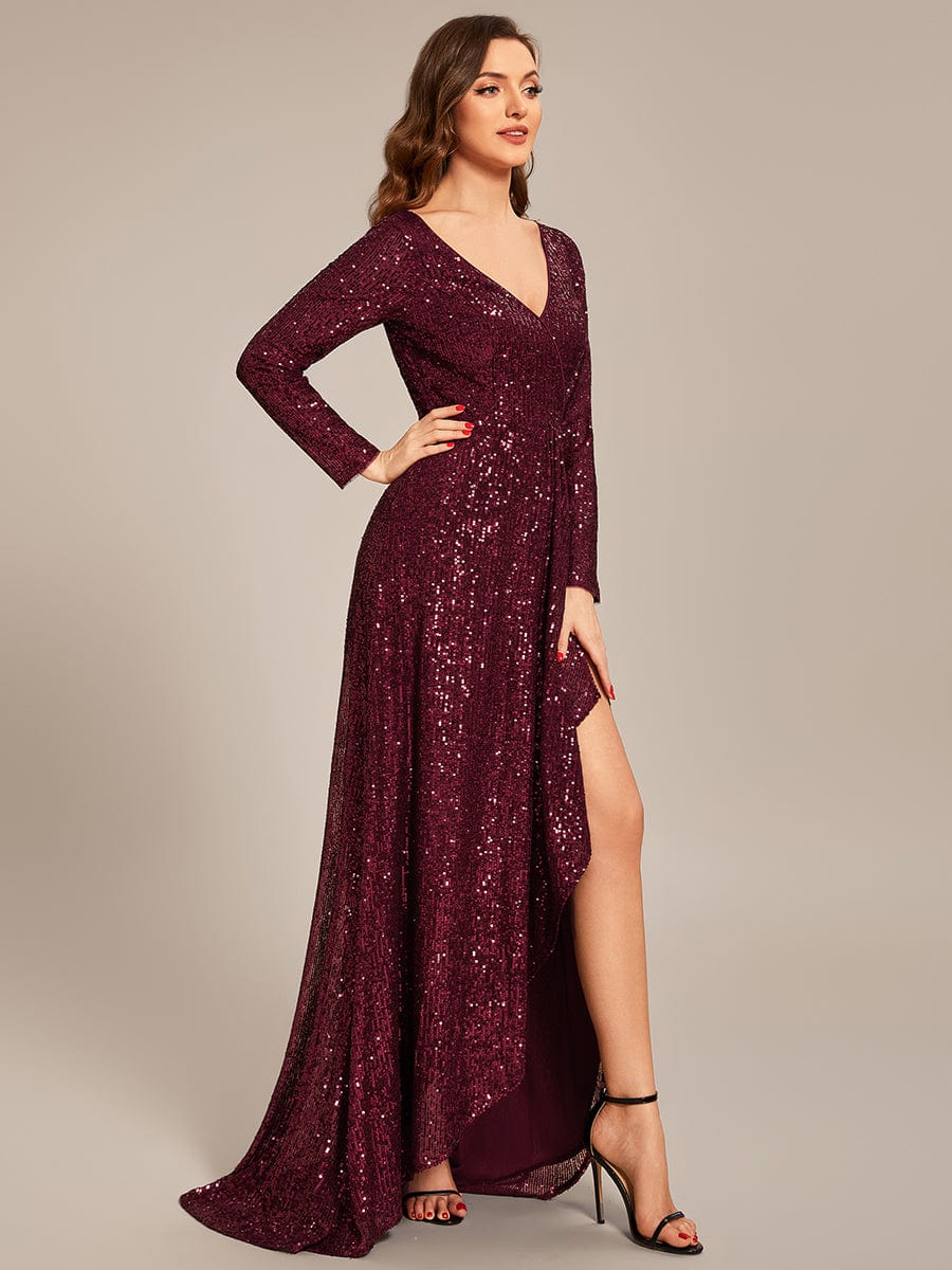 Long Sleeve V-neck Asymmetrical Hem Sequin Evening Dress #color_Burgundy