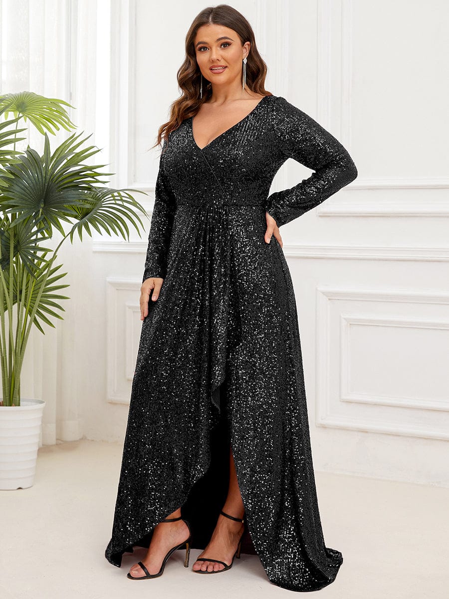 Custom Size Sequin V-neck long Sleeve Evening Dress #color_Black